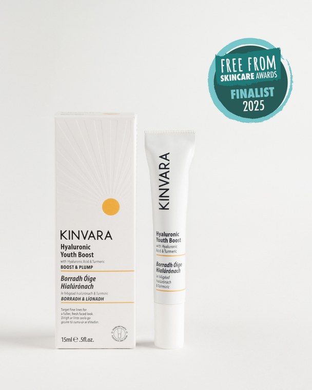 Hyaluronic Youth Boost tube beside its carton, with an awards finalist badge
